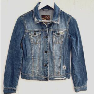 HOLLISTER HCO Y2K Vintage Blue Denim Jacket Distressed Pockets Size M